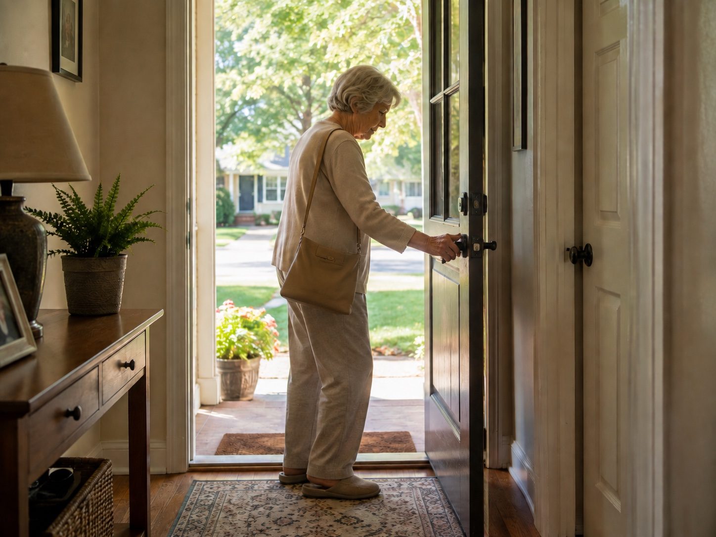 Mom opening her front door in the afternoon