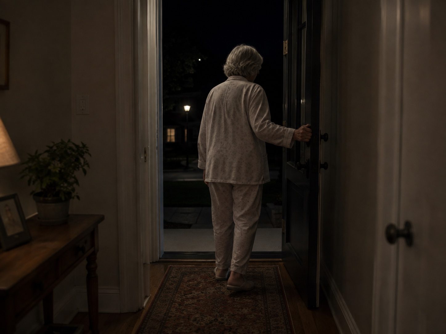 A front door opened in the middle of the night