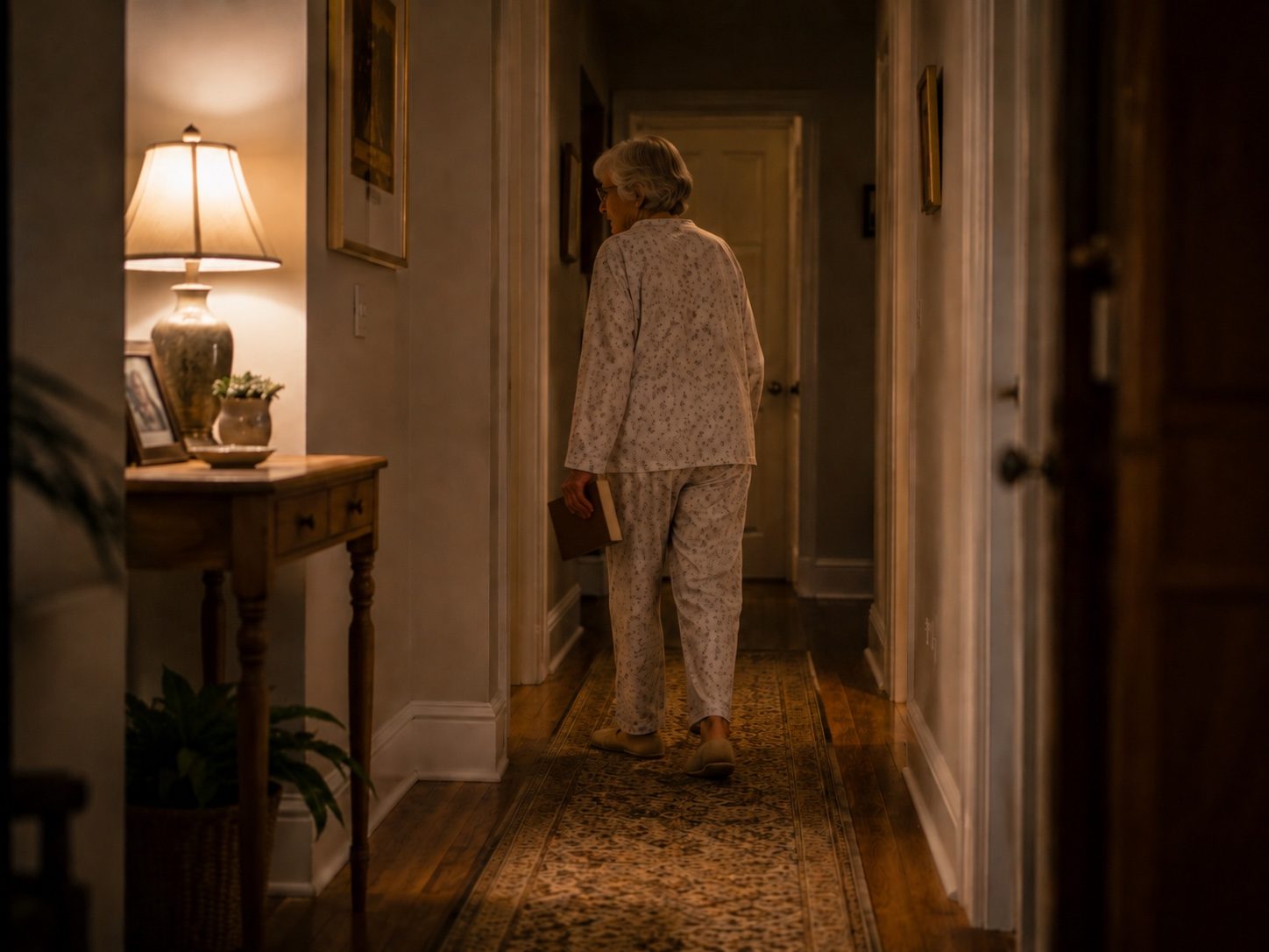 Mom walking through the hallway late in the evening