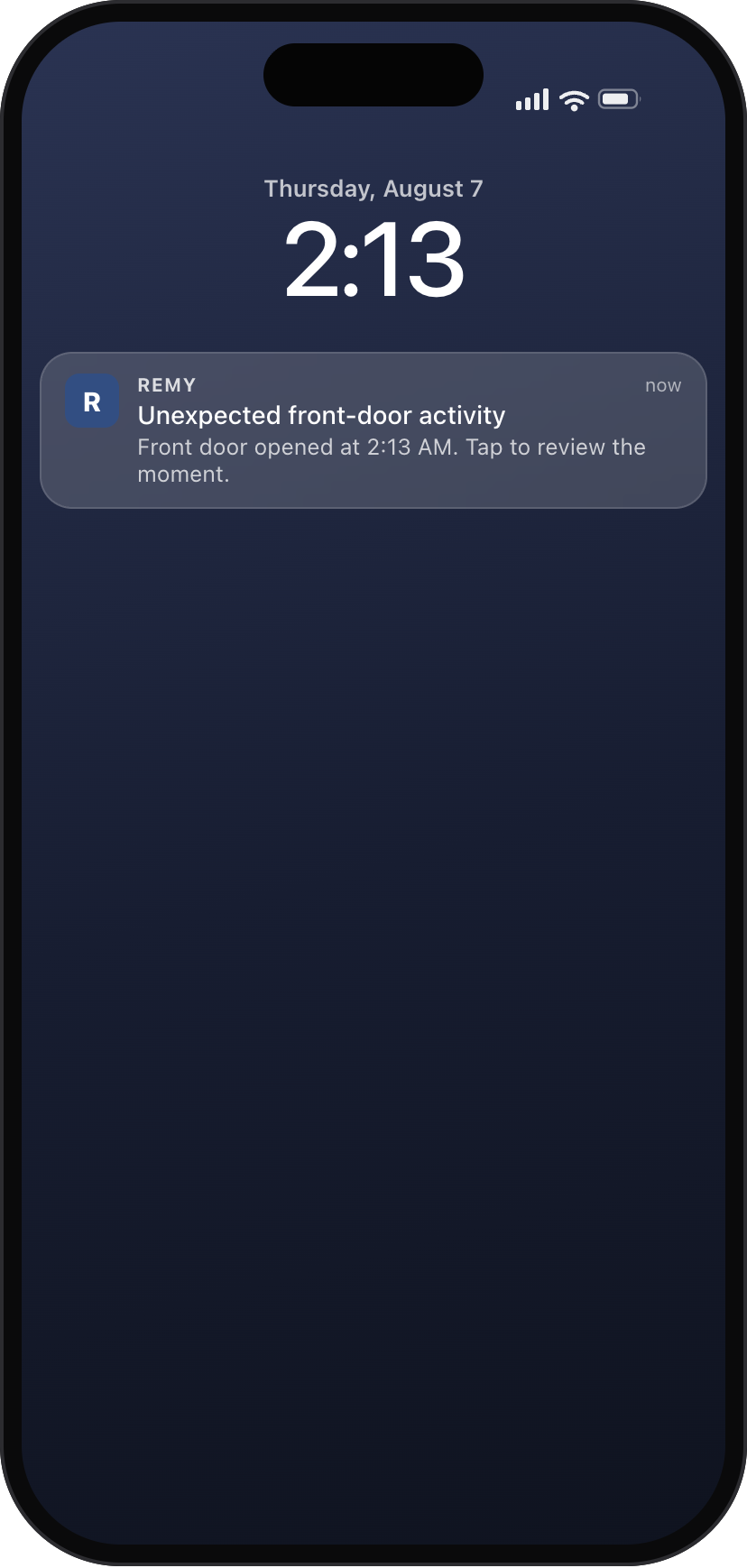 A Remy notification on the lock screen at 2:13 AM: unexpected front-door activity, front door opened at 2:13 AM