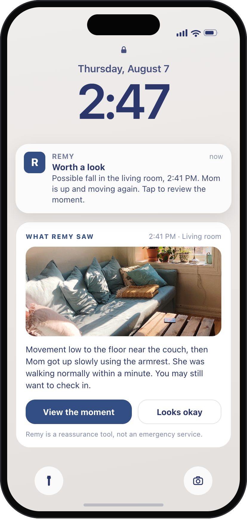 Remy alert arriving on a locked phone: possible fall in the living room, with what Remy saw
