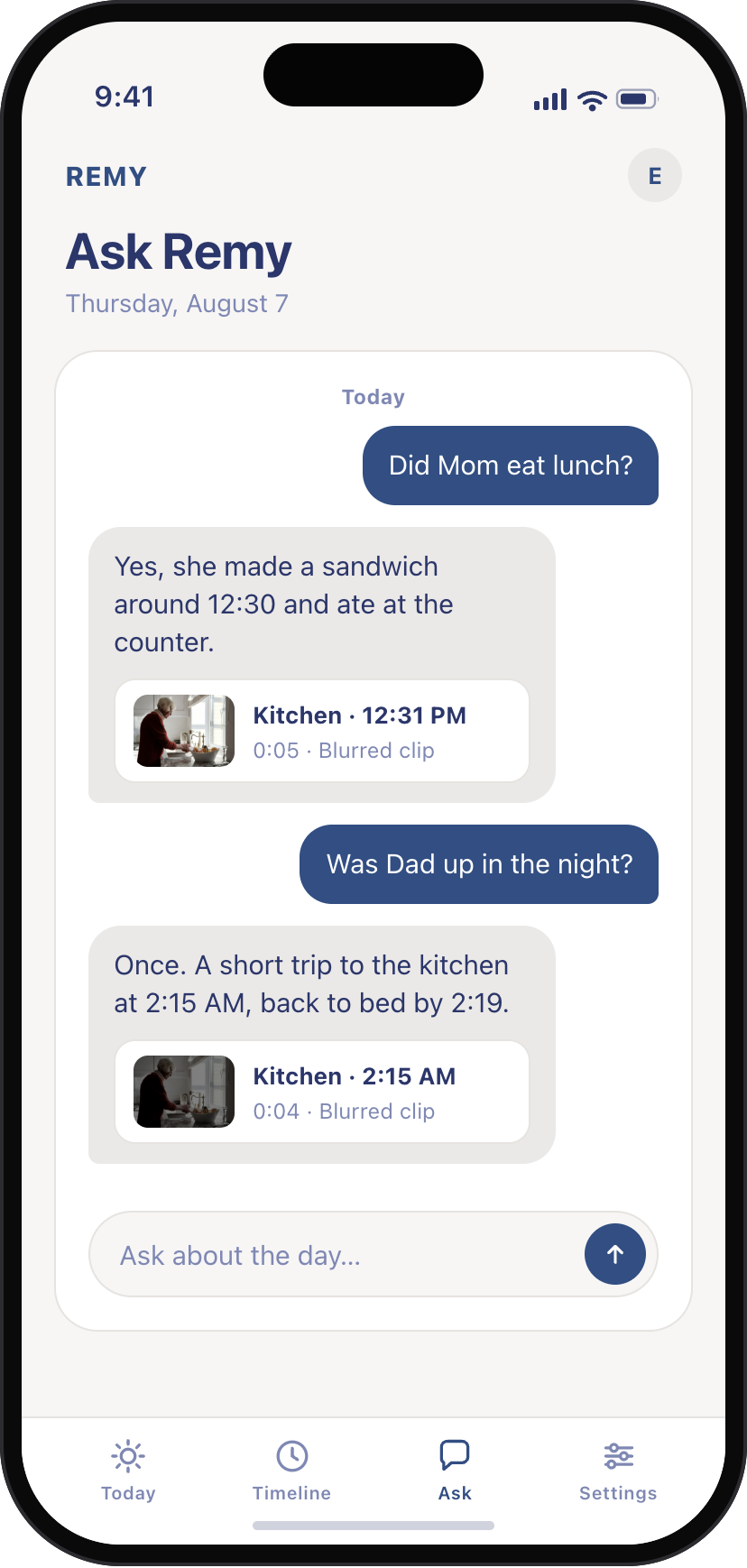 Remy app Ask screen: Did Mom eat lunch? Yes, with the blurred kitchen clip that shows it
