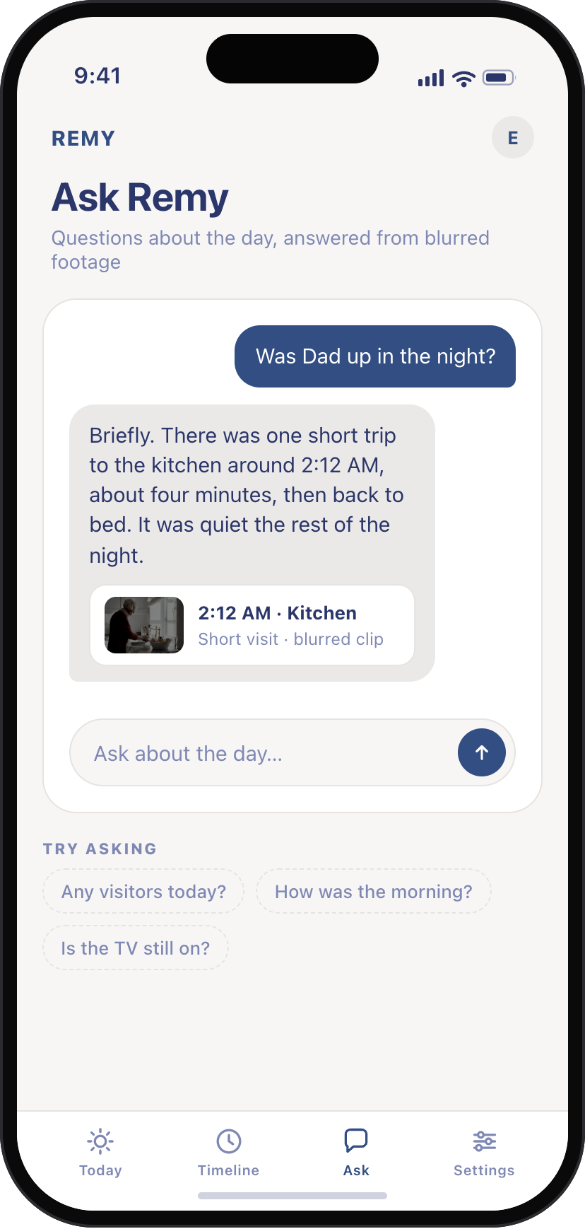 Remy app Ask screen answering whether Dad was up in the night, with the overnight kitchen clip