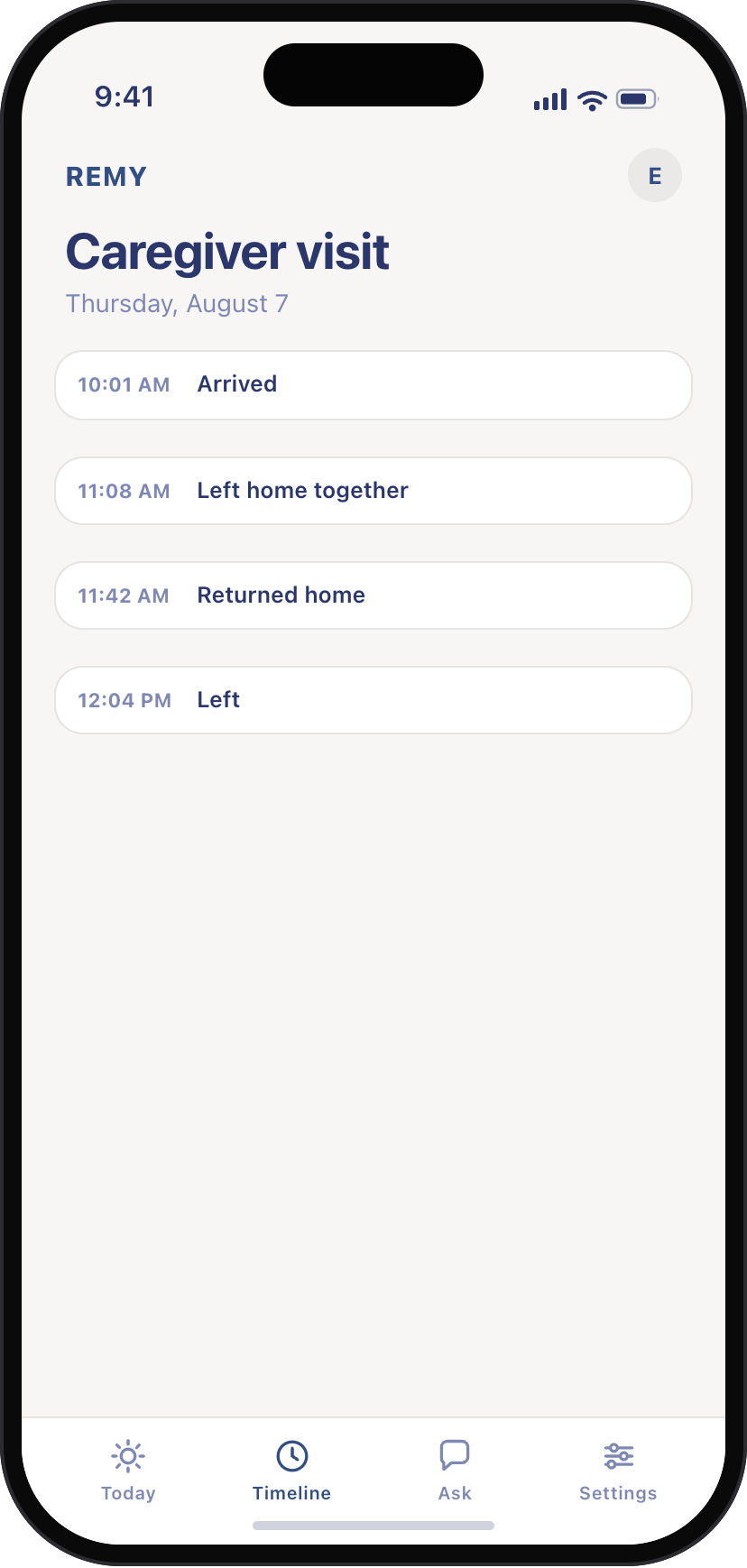 Remy caregiver visit: arrived 10:01 AM, left home together 11:08 AM, returned 11:42 AM, left 12:04 PM