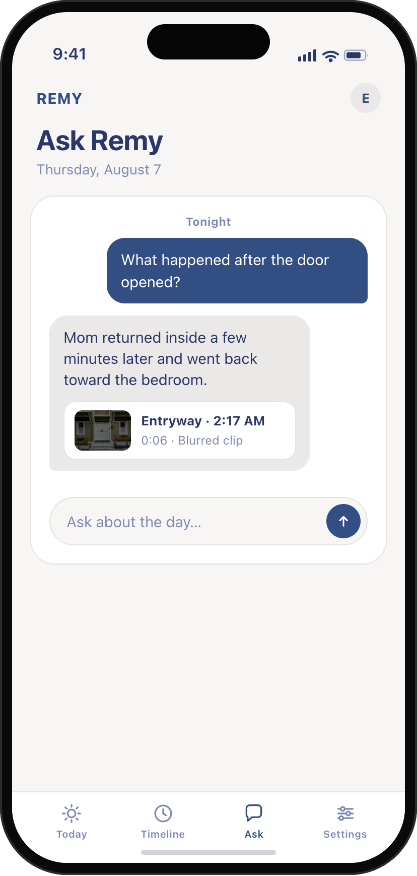 Asking Remy what happened after the door opened: Mom returned inside a few minutes later and went back toward the bedroom, with the blurred entryway clip from 2:17 AM