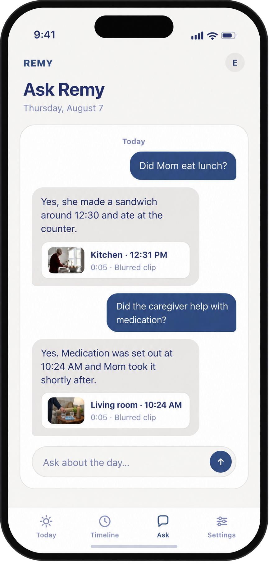 Ask Remy showing answers about lunch and medication, with linked indoor camera clips