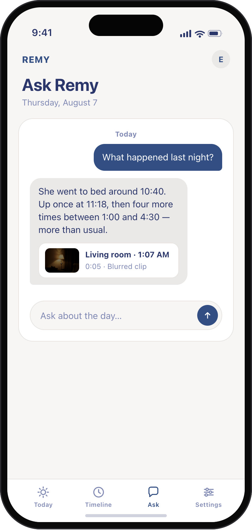 Remy app Ask screen: &ldquo;What happened last night?&rdquo; answered with bed around 10:40 and five wake-ups, plus a blurred living-room clip from 1:07 AM