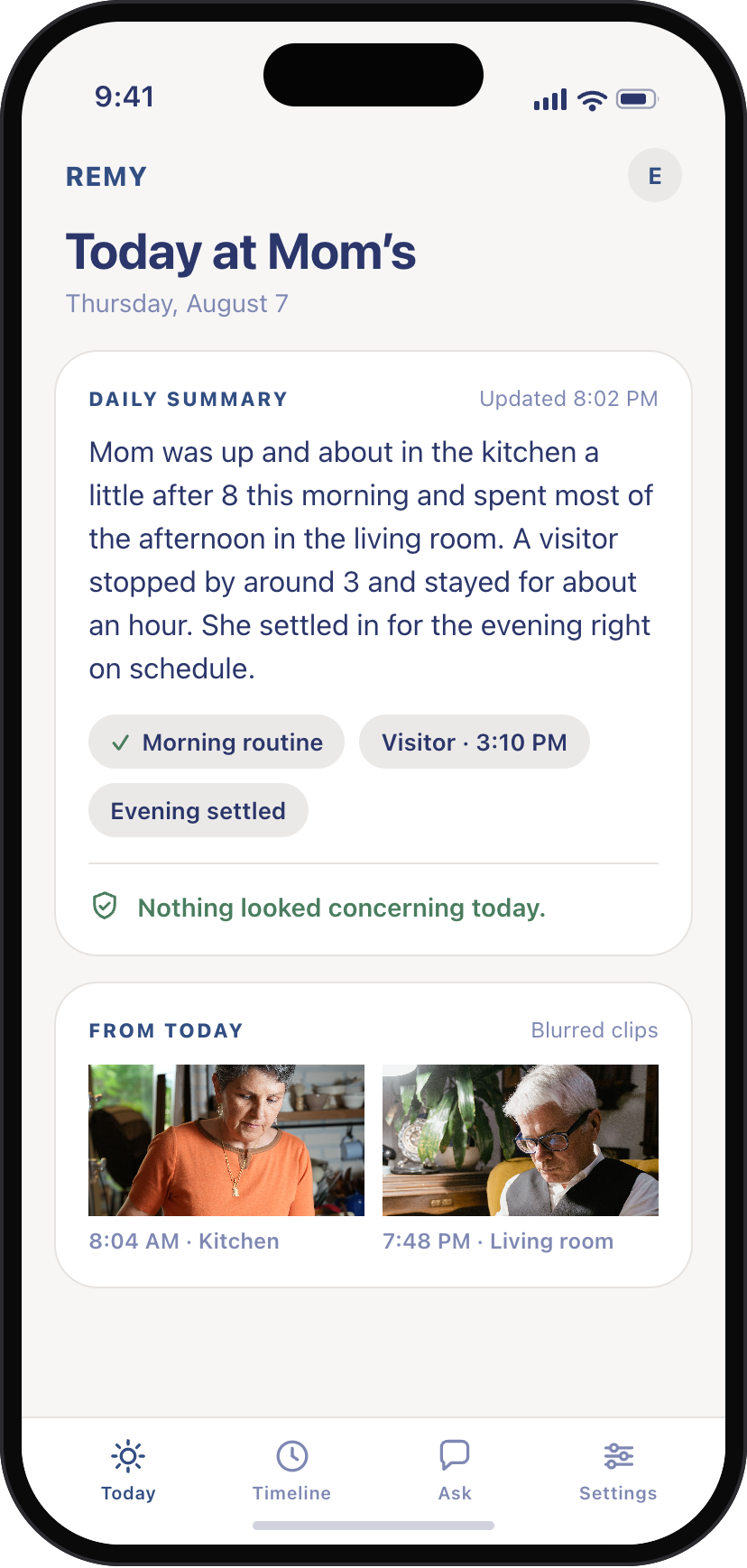 Remy app Today screen: Mom's day summarised in a few warm sentences, nothing looked concerning