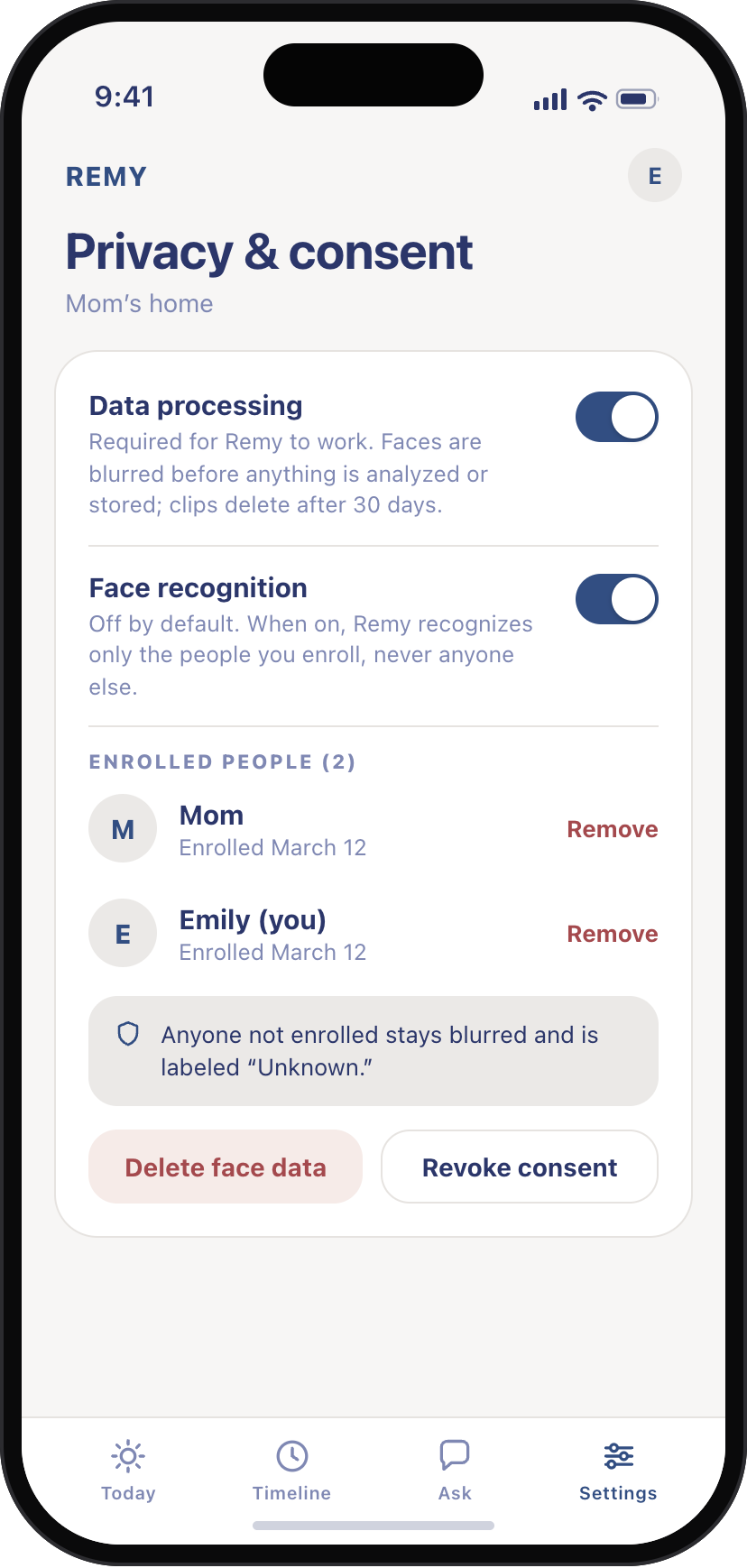 Remy app Privacy screen: blur always on, facial recognition off by default, short retention window