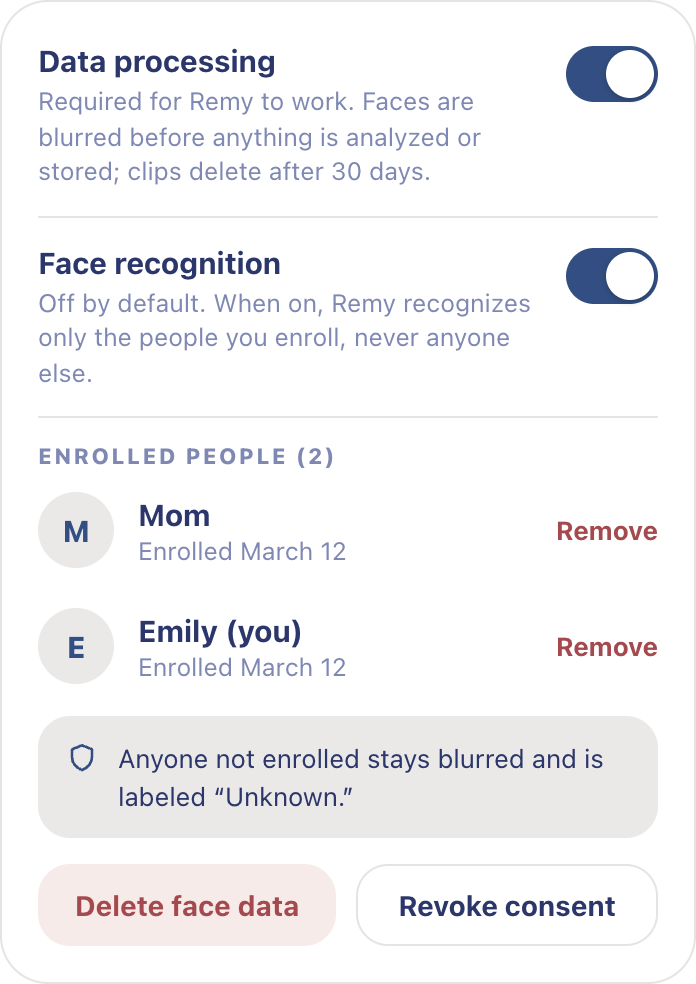 Remy privacy settings card: blur always on, recognition off by default, short retention