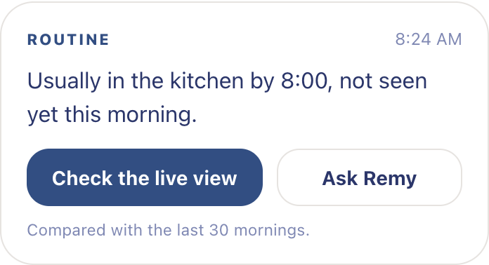 Remy routine card: usually in the kitchen by 8, not seen yet this morning