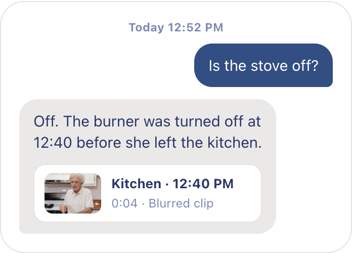 An Ask Remy card answering whether the stove is off, with the kitchen clip attached
