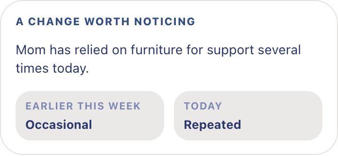 Remy observation: Mom has relied on furniture for support several times today, occasional earlier this week, repeated today