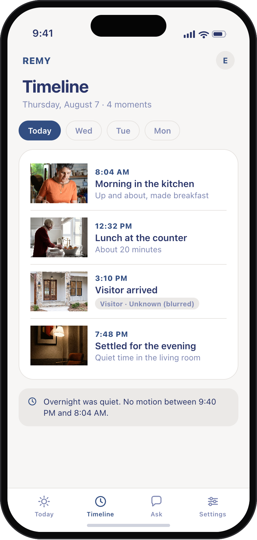 Remy app Timeline screen with privacy-blurred, name-tagged clips